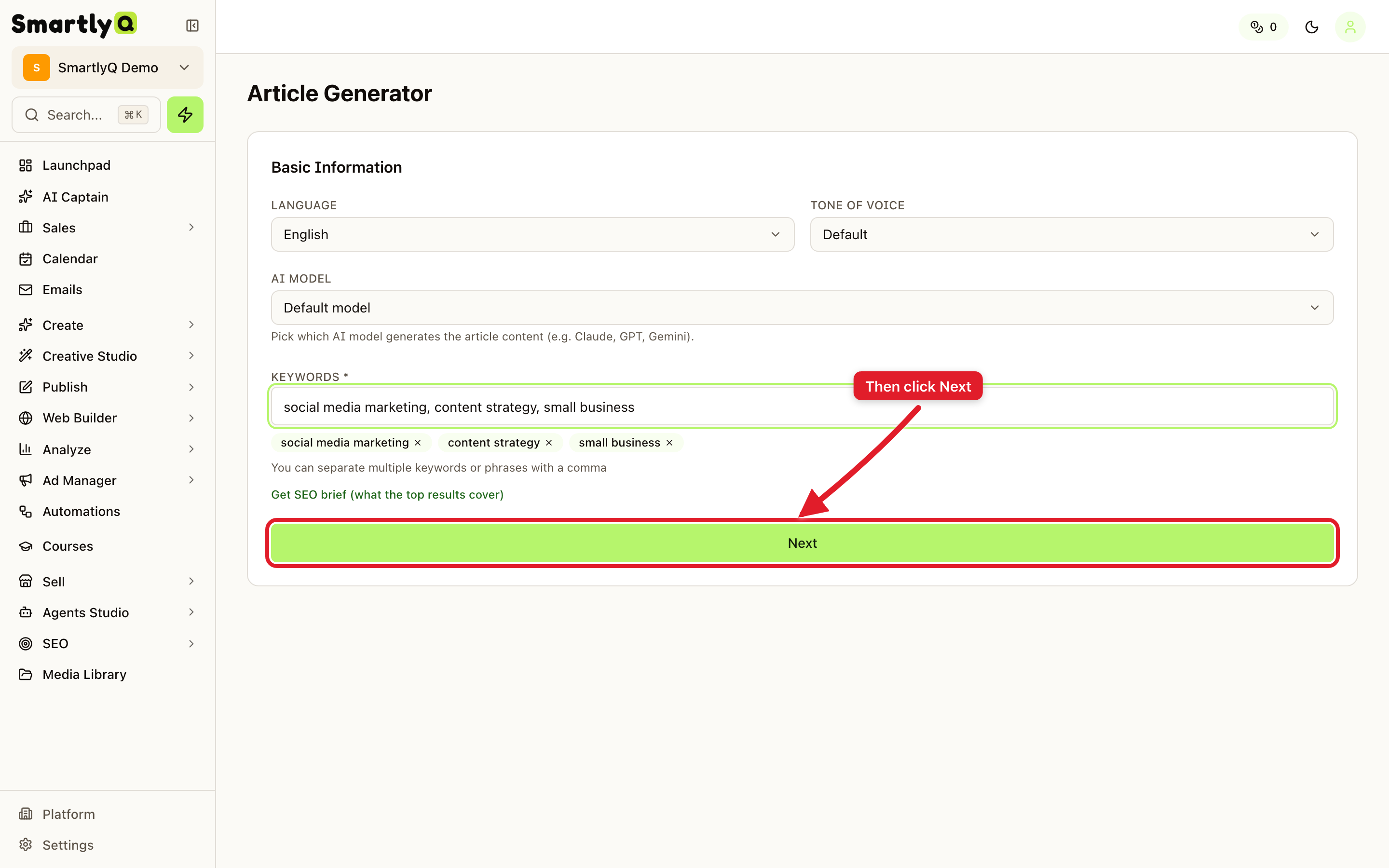 Article Generator setup screen
