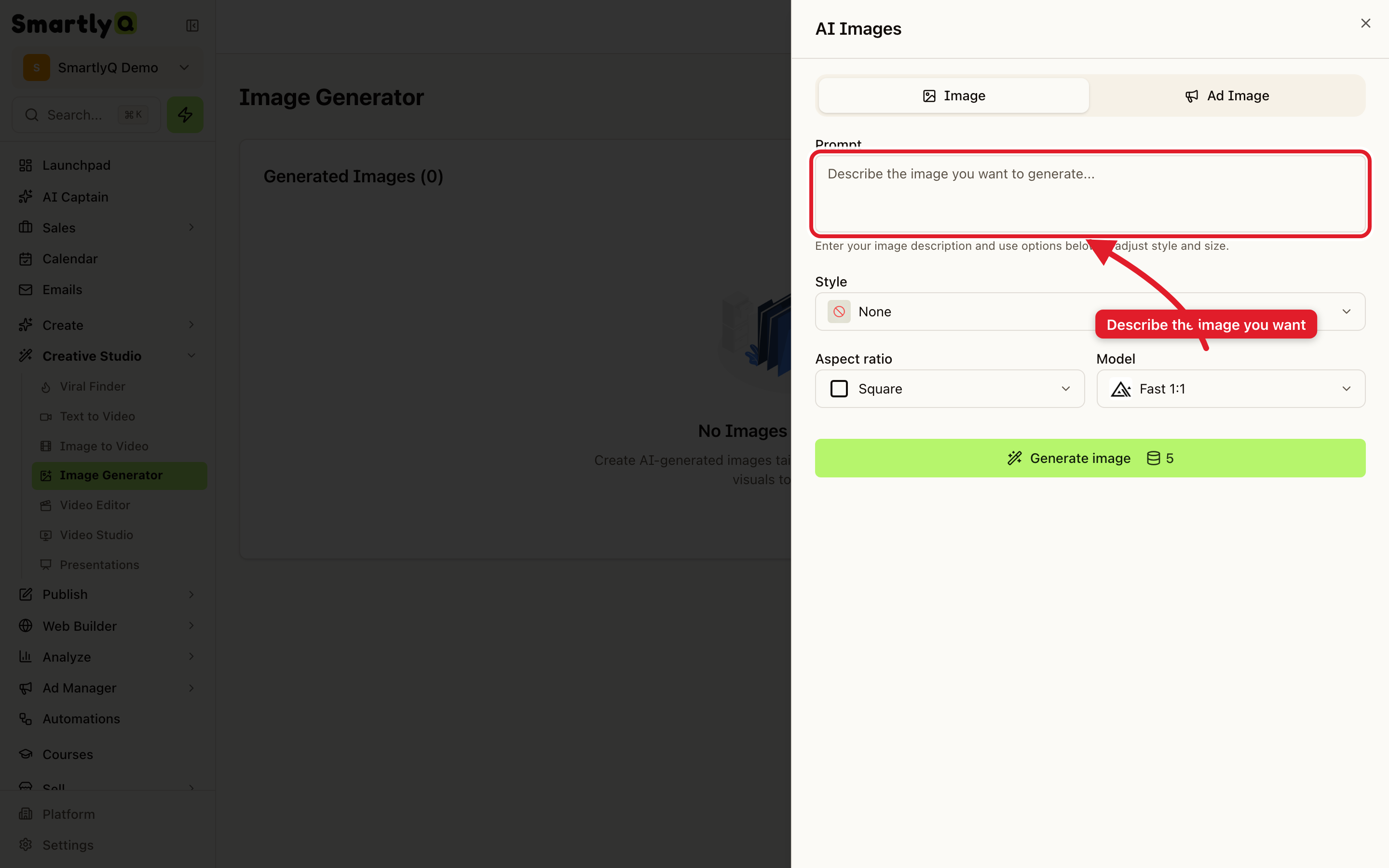 The AI image generator panel