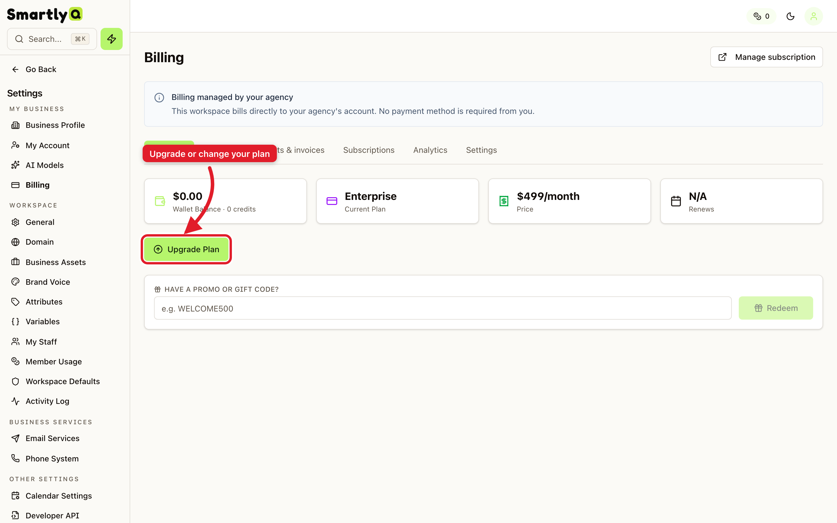 The Billing overview showing plan, credits, and the Upgrade Plan button