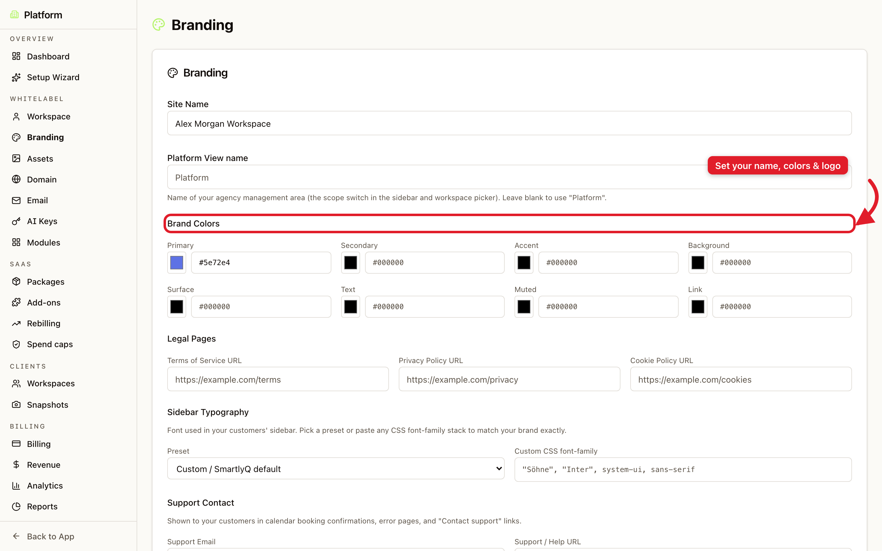 The whitelabel Branding settings