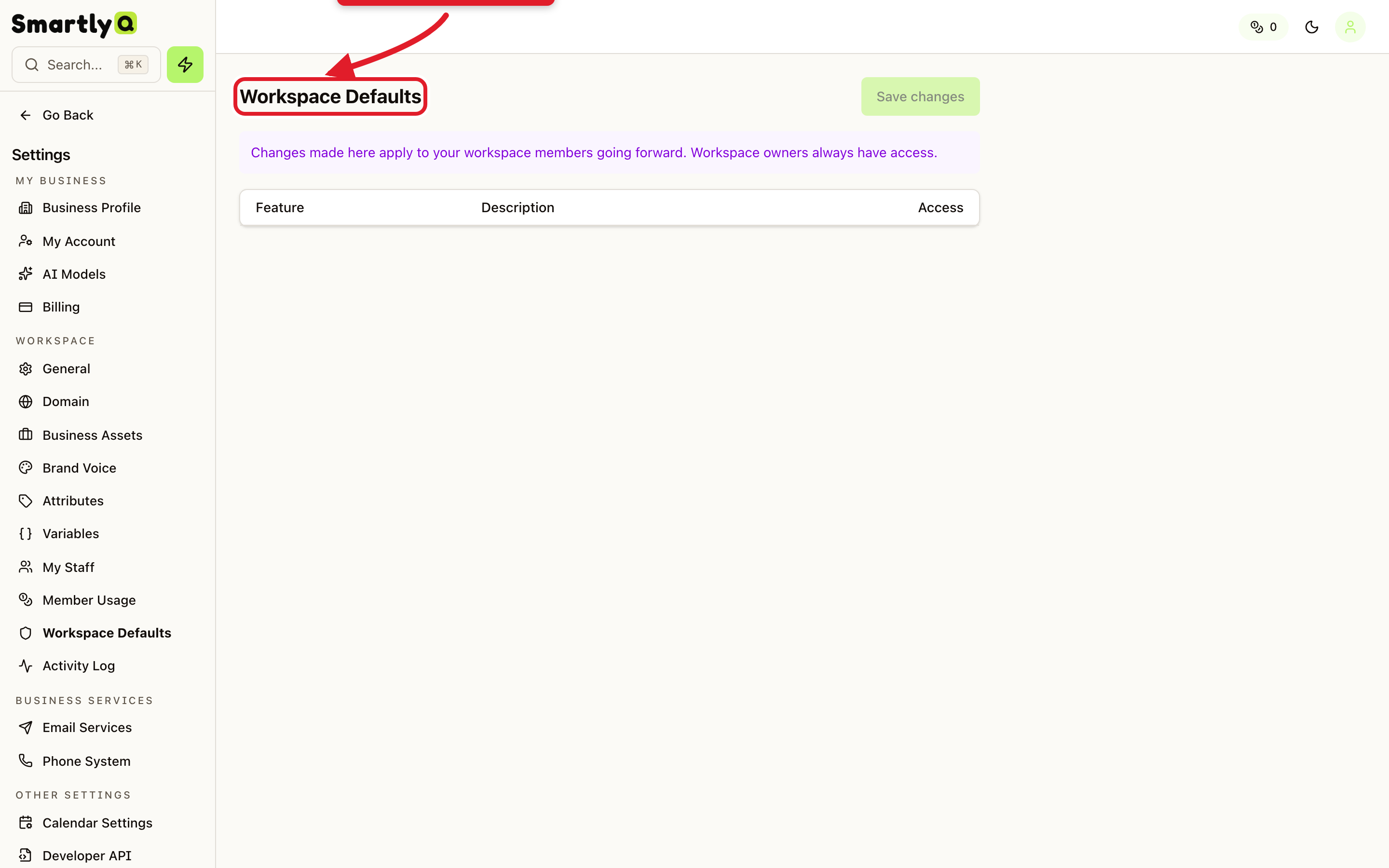 Workspace Defaults settings