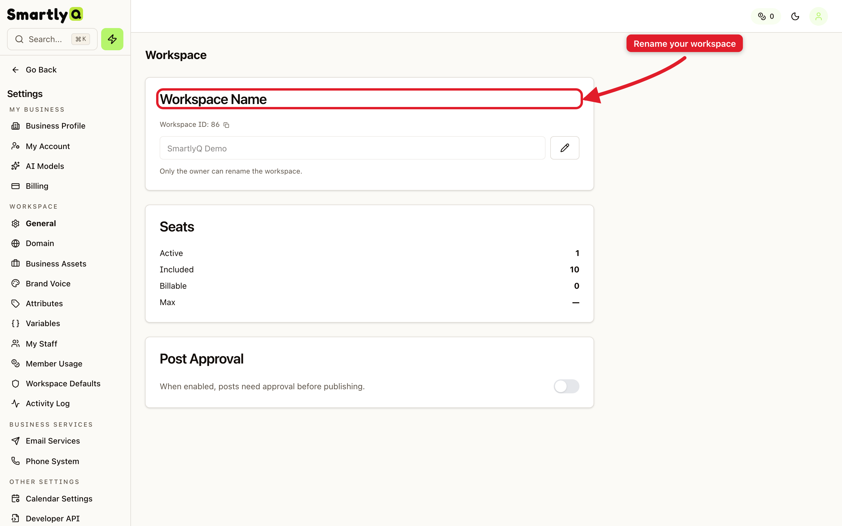 Workspace settings: name, seats, and post approval
