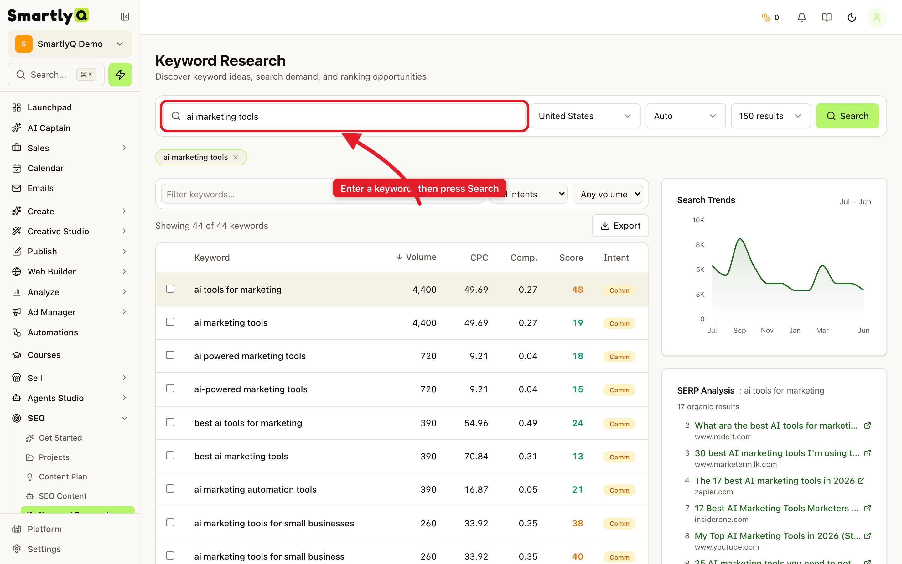 Keyword Research results with volume, CPC and difficulty