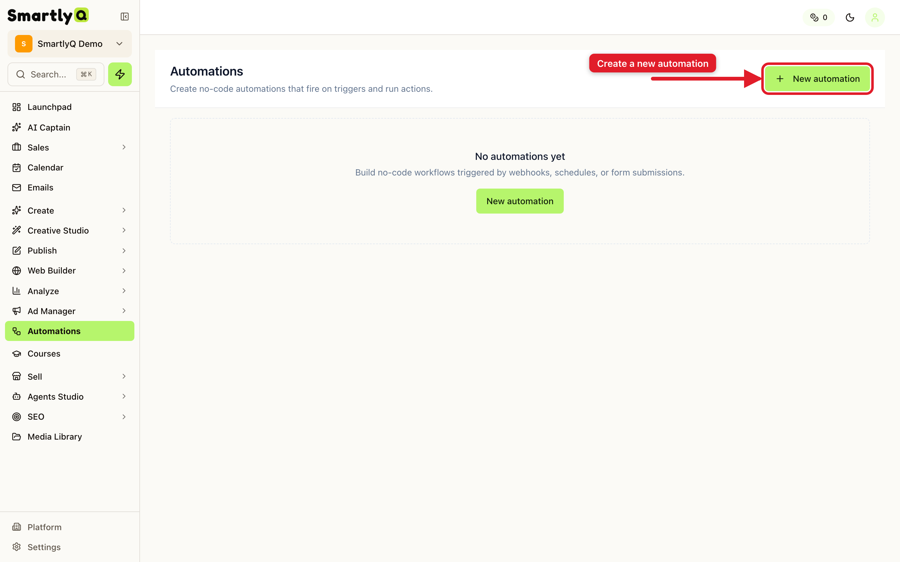 The Automations page with New automation