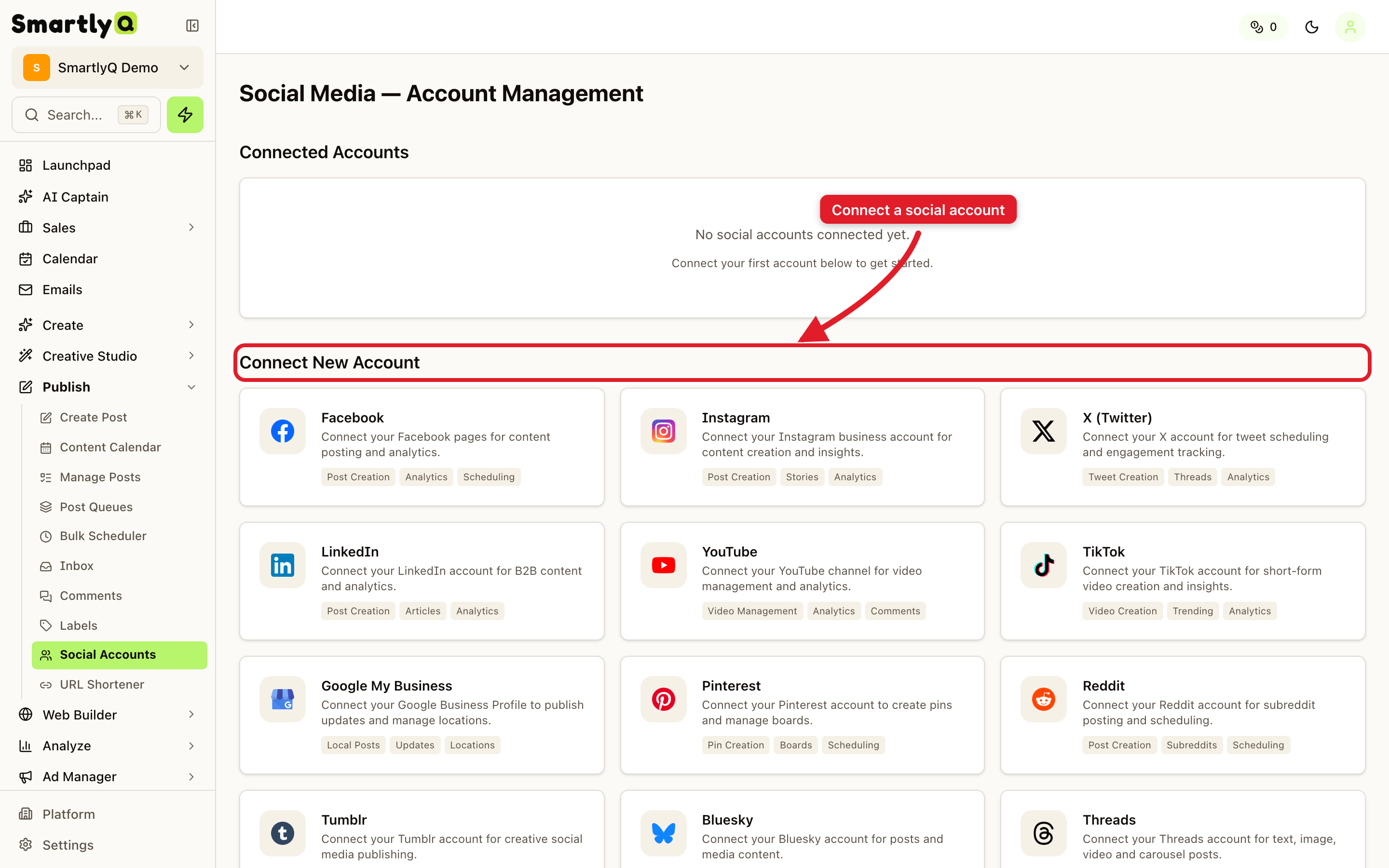 The account management screen with Connect New Account