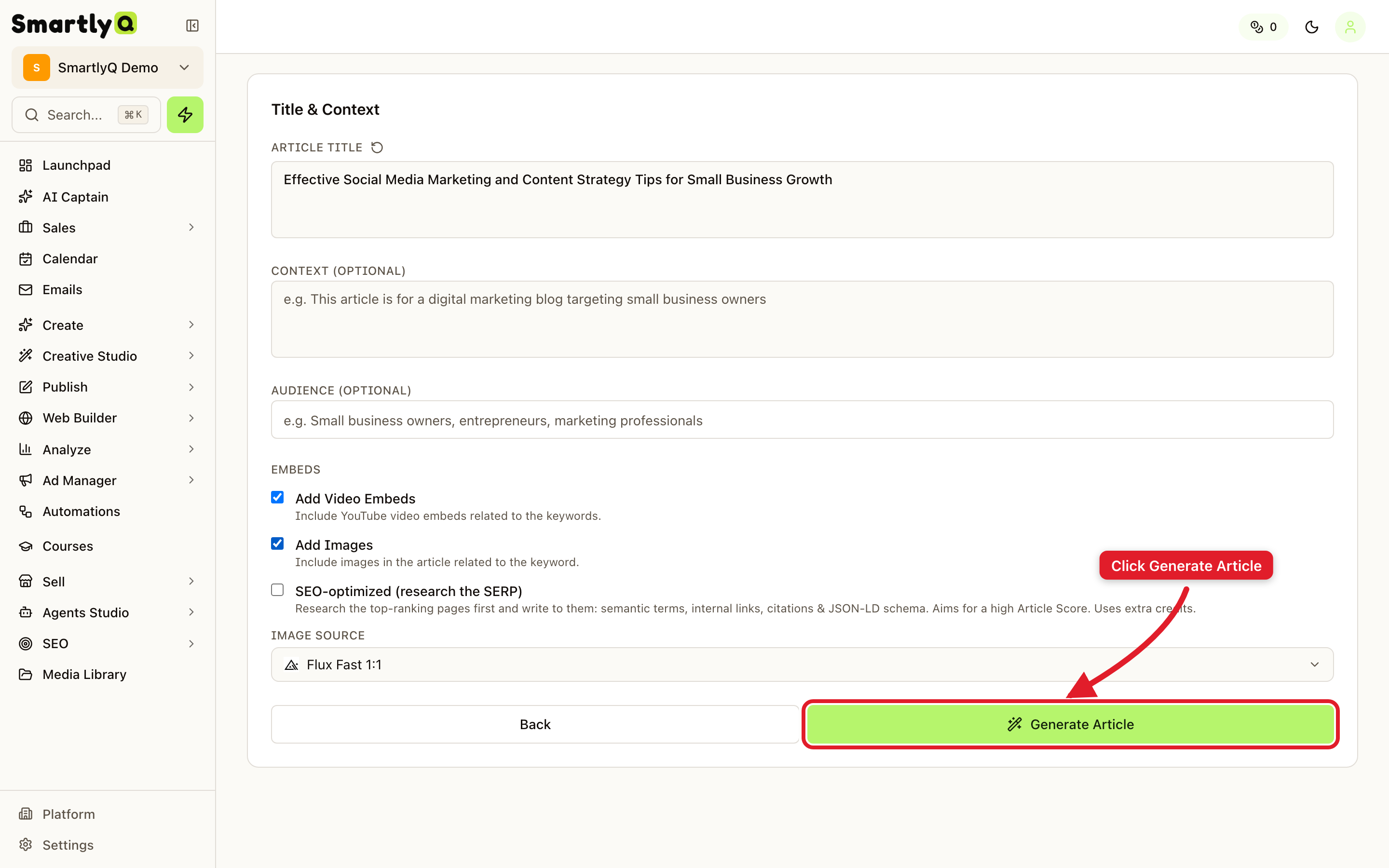 Title, context and article options