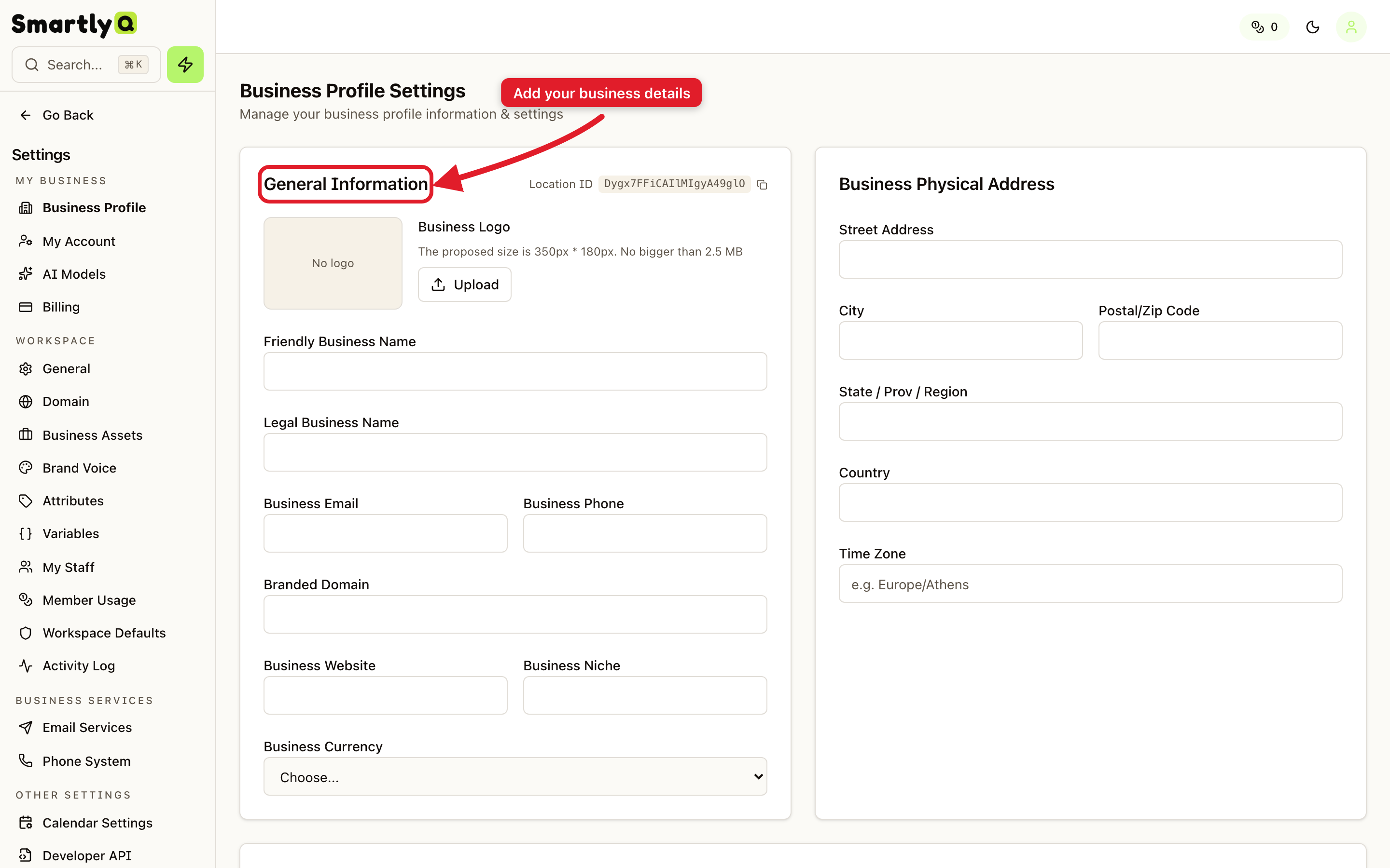 The Business Profile settings form