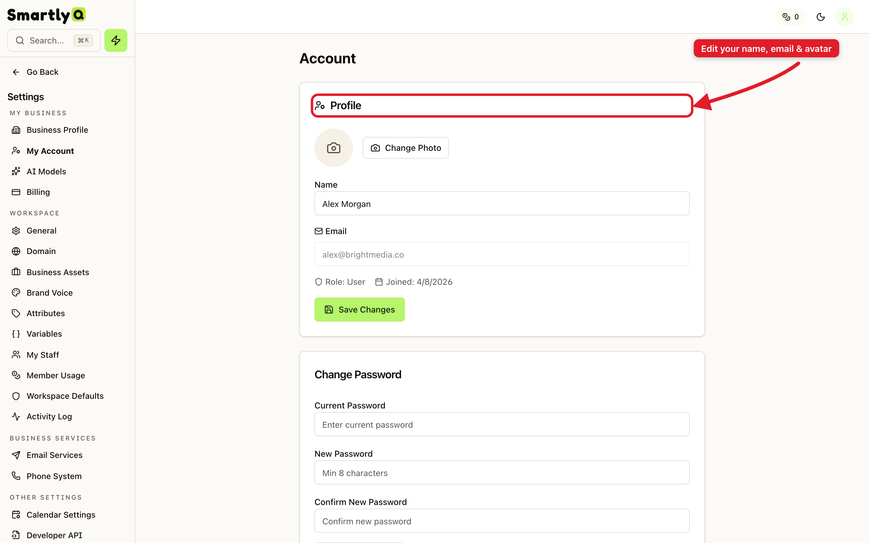 The My Account settings with Profile, password, and privacy sections