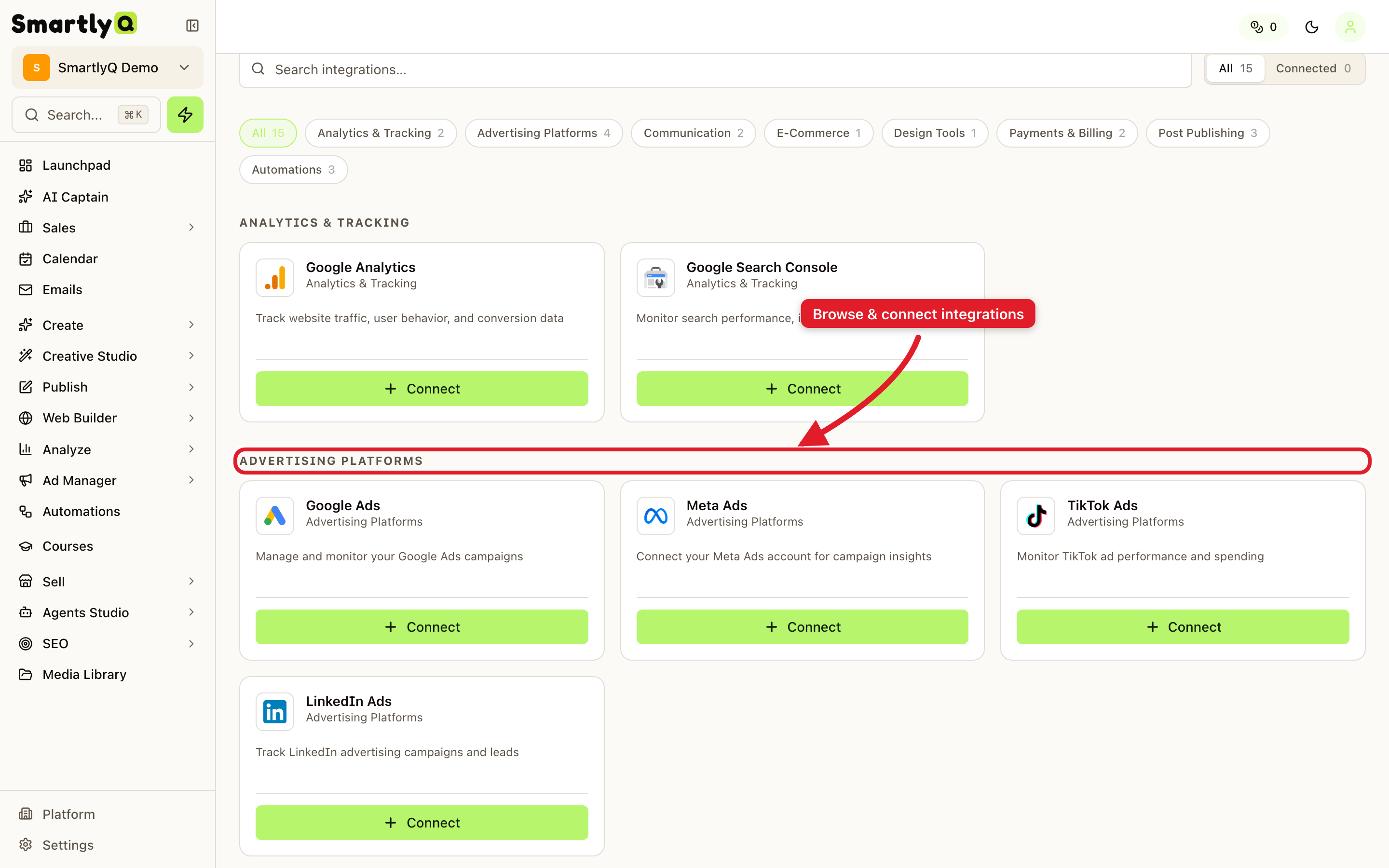 The Integrations catalogue grouped by category